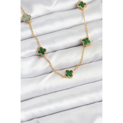 316L Çelik Zincir Gold Renk Yeşil Baby Boy Yonca Kadın Kolye