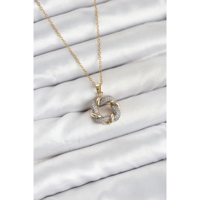 316L Çelik Zincir Gold Renk Zirkon Taşlı Sarmal Model Kadın Kolye