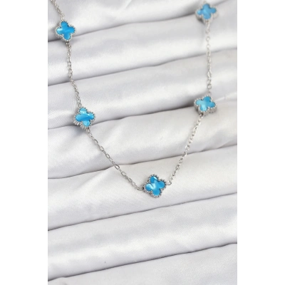 ÇOK SATAN 316L Çelik Zincir Gümüş Renk Buz Mavisi Baby Boy Yonca Kadın Kolye
