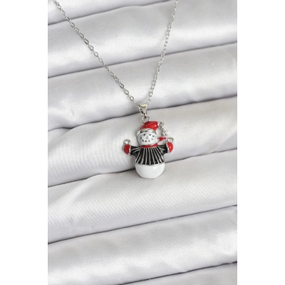 316L Çelik Zincir Gümüş Renk Kardan Adam Figürlü Yılbaşı Temalı Kadın Kolye