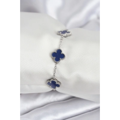 ÇOK SATAN 316L Çelik Zincir Gümüş Renk Lacivert Yonca Kadın Bileklik