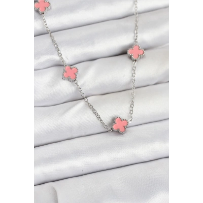 316L Çelik Zincir Gümüş Renk Pembe Baby Boy Yonca Kadın Kolye
