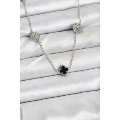 316L Çelik Zincir Gümüş Renk Siyah ve Zirkon Taşlı Baby Boy Yonca Kadın Kolye