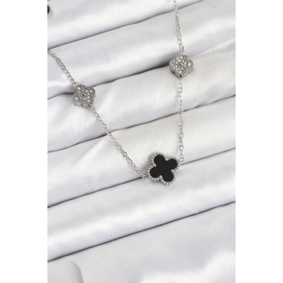 316L Çelik Zincir Gümüş Renk Siyah ve Zirkon Taşlı Yonca Kadın Kolye