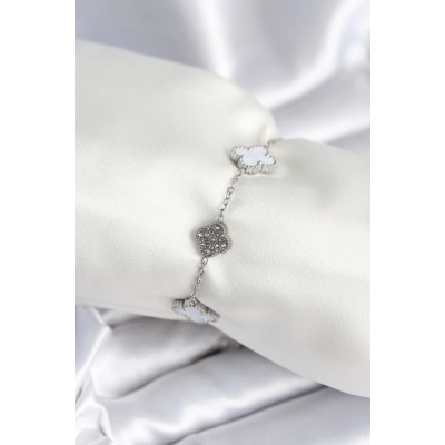 ÇOK SATAN 316L Çelik Zincir Gümüş Renk Zirkon Taşlı Yonca Beyaz Kadın Bileklik
