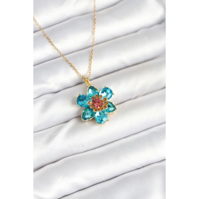 316L Çelik Zincirli Mavi Çiçek Model Kadın Kolye