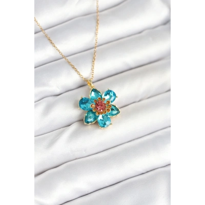 ÇOK SATAN 316L Çelik Zincirli Mavi Çiçek Model Kadın Kolye
