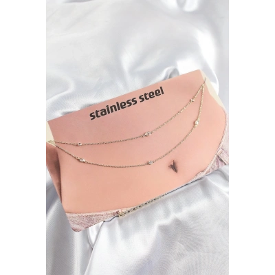 ÇOK SATAN 316L Çelik Zirkon Taşlı Damla Model Gold Renk Göbek Bel Zinciri