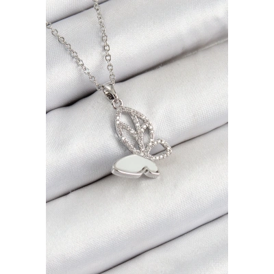 ÇOK SATAN 316L Çelik Zirkon Taşlı Kelebek Model Gümüş Renk Kadın Kolye