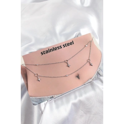 ÇOK SATAN 316L Çelik Zirkon Taşlı Kutup Yıldızı Model Gümüş Renk Göbek Bel Zinciri