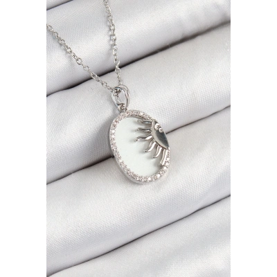 ÇOK SATAN 316L Çelik Zirkon Taşlı Yarım Güneş Model Gümüş Renk Kadın Kolye