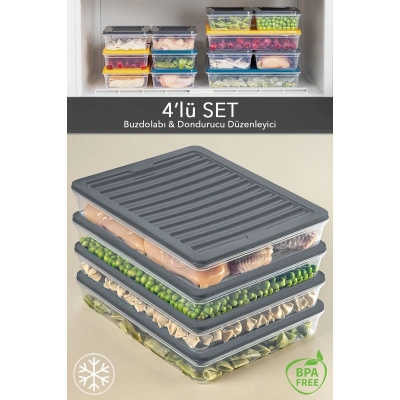 ÇOK SATAN 4lü Buzdolabı Organizer Mikrodalga Ve Difrize Uygun Saklama Kabı Antrasit 4 X 2400 ml