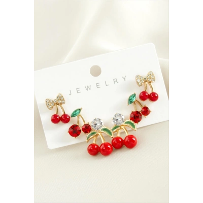 ÇOK SATAN 6 Adet Kiraz Mineli Tektaş Küpe