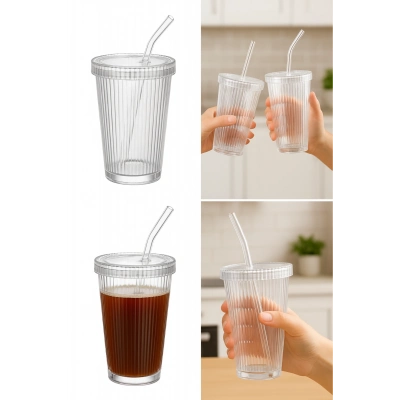ÇOK SATAN 6 Adet Latte Kapaklı Pipetli Kristal Desen Fenomen Bardak Soğuk Kahve, Smoothie, İçecek Bardağı