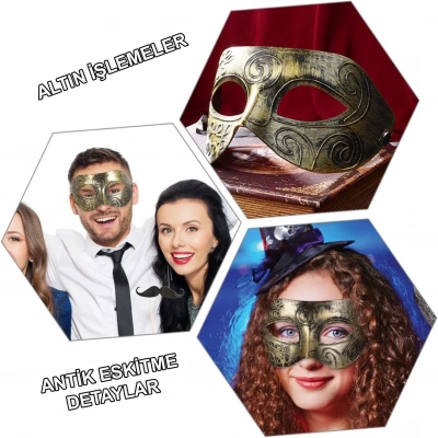 ÇOK SATAN Altın Eskitme Yüz Maskesi - Antik Tarz Balo Maskesi