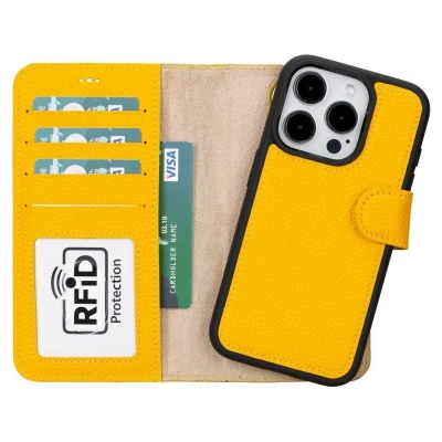 ÇOK SATAN Apple iPhone 15 Pro Uyumlu Deri Cüzdanlı Kılıf MWWN FL12 Sarı