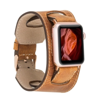 ÇOK SATAN Apple Watch Uyumlu Deri Kordon 42-44-45mm Cuff G19 Taba