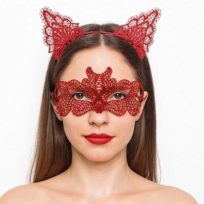 ÇOK SATAN Ateş Kırmızısı Dantel Taç Ve Maske Seti 10 No - Maskeli Balo  Özel Gün Seti