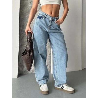 Baggy kar yıkama orta mavi jeans pantolon d2007
