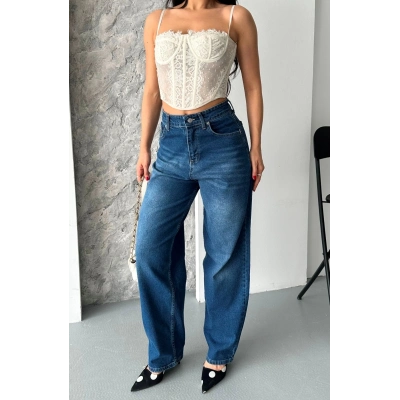 Baggy süper taş bıyık yıkama koyu mavi jeans pantolon d2007