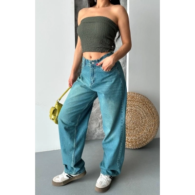 Baggy taş enzim bıyık yıkama jeans pantolon yeşil tint d2007