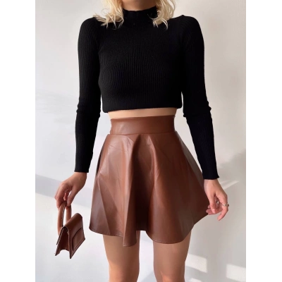 Beli lastikli deri etek kahve s24599