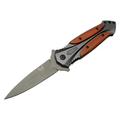 ÇOK SATAN Benchmade DA27B Gri Sivri Kamp Çakı 20cm - Yarı Otomatik, Kemerlikli, Kutulu, Ahşap - Metal Sap