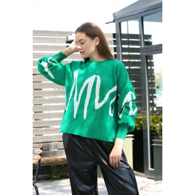 Beyaz çizgili bisiklet yaka kazak yeşil