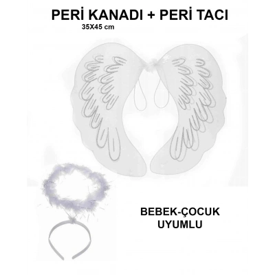 ÇOK SATAN Beyaz Dantel Tüllü Peri Kanadı ve Peri Tacı Seti 45x40 cm