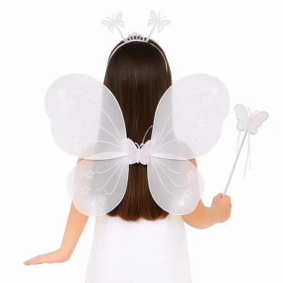 ÇOK SATAN Beyaz Kelebek Kız Seti – 50 Cm Kelebek Kanadı, Taç Ve Asa