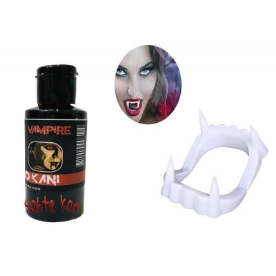 ÇOK SATAN Beyaz Renk Çift Damak Takma Vampir Dişi Ve 50 Gr Tiyatro Kanı