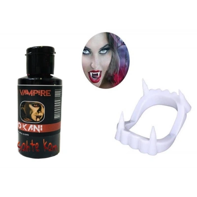 ÇOK SATAN Beyaz Renk Çift Damak Takma Vampir Dişi ve 50 gr Tiyatro Kanı Set