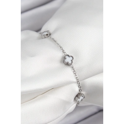 BFS 316L Çelik Beyaz Sedef Yonca Model Gümüş Renk Kadın Bileklik