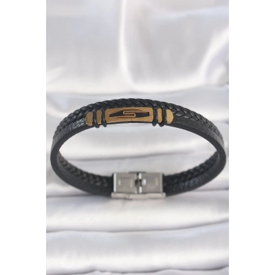 BFS 316L Çelik Gold Renk Aksesuarlı Çift Sıra Siyah Burgu Desenli Deri Kordon Erkek Bileklik
