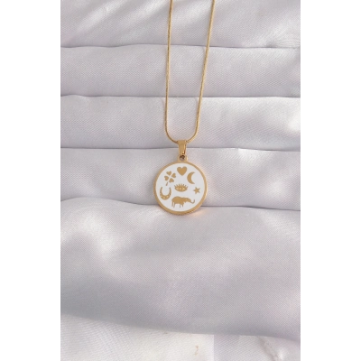 BFS 316L Çelik Gold Renk Beyaz Mineli Karışık Figürlü Tarot Kolye