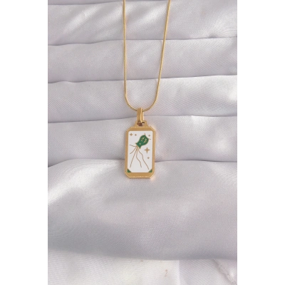 BFS 316L Çelik Gold Renk Beyaz Mineli Tarot Kolye