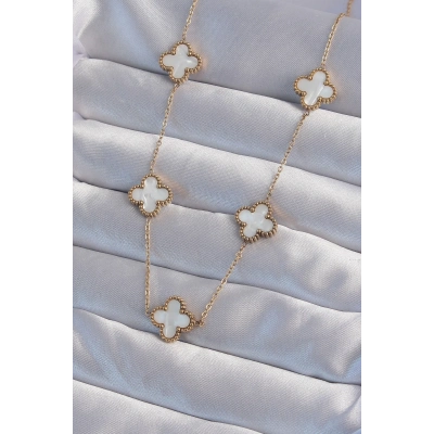 BFS 316L Çelik Gold Renk Beyaz Sedefli Yonca Kolye