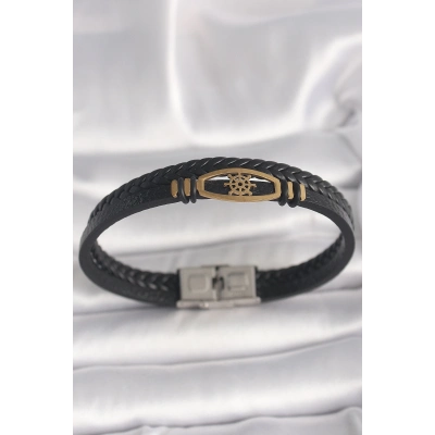 BFS 316L Çelik Gold Renk Gemi Dümen Figür Siyah Renk Çift Sıra Burgu Desenli Deri Kordon Erkek Bileklik