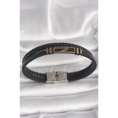 BFS 316L Çelik Gold Renk Kanat Aksesuarlı Siyah Burgu Model Deri Kordon Erkek Bileklik