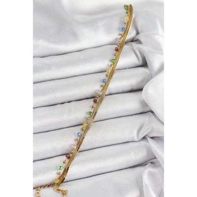 BFS 316L Çelik Gold Renk Karışık Renkli Kristal Taşlı Kadın Bileklik