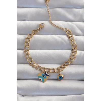 BFS 316L Çelik Gold Renk Nazarlı Kalp Model Zincir Bileklik