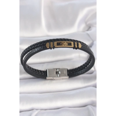 BFS 316L Çelik Gold Renk Örümcek Figür Çift Sıra Burgu Desenli Deri Kordon Erkek Bileklik