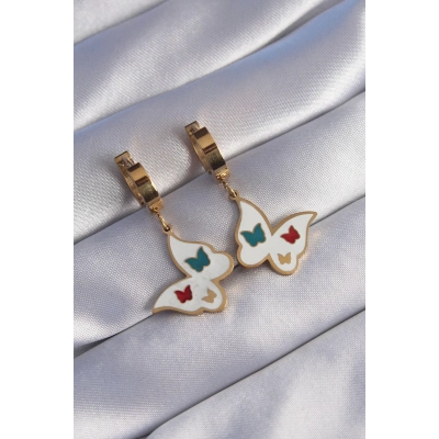 BFS 316L Çelik Gold Renk Renkli Mineli Kelebek Küpe