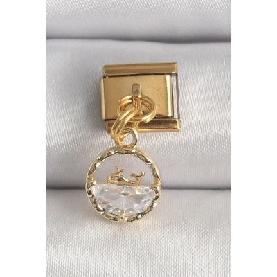 BFS 316L Çelik Gold Renk Sallantı Zirkon Taşlı Balina Model Nomination Charm