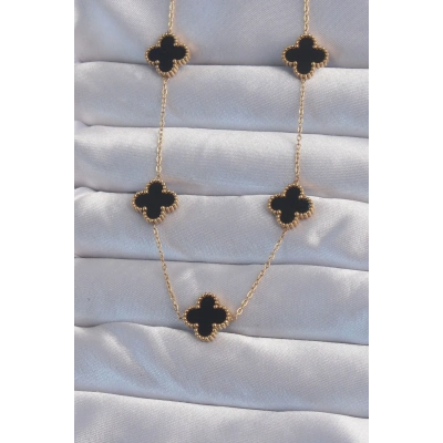 BFS 316L Çelik Gold Renk Siyah Mineli Yonca Kolye