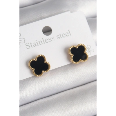 BFS 316L Çelik Gold Renk Siyah Yonca Model Kadın Küpe