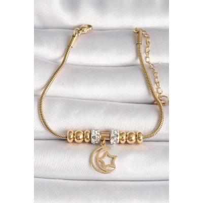 BFS 316L Çelik Gold Renk Tüp Zincir Zirkon Taş Detaylı Sallantı Ay Yıldız Figür Kadın Bileklik