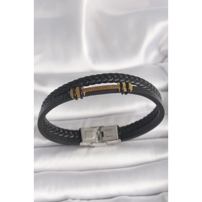 BFS 316L Çelik Gold Renk ZikZak İşlemeli Aksesuarlı Çift Sıra Burgu Desenli Deri Kordon Erkek Bileklik