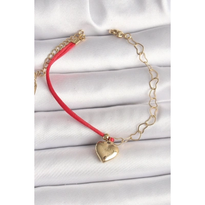BFS 316L Çelik Gold Renk Zincir Kırmızı İp Model Sallantı Kalp Figür İşleme Detaylı Kadın Bileklik