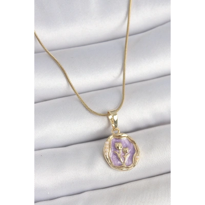 BFS 316L Çelik Gold Renk Zincir Mor Mineli Çiçek İşlemeli Portre Model Kadın Kolye